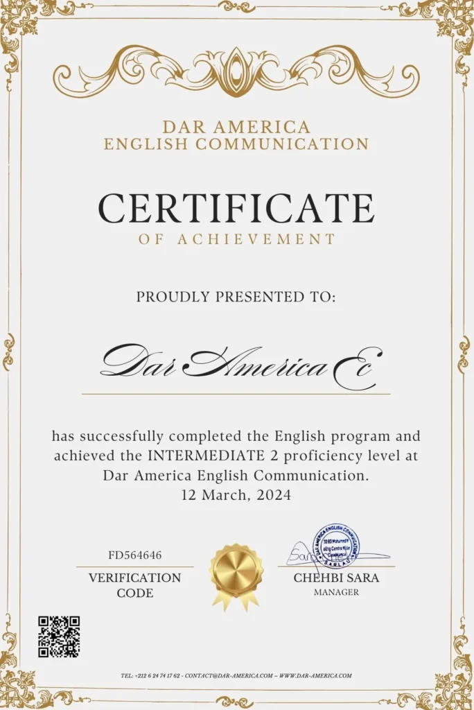 dar america - centre de langue - certificate of Achievement